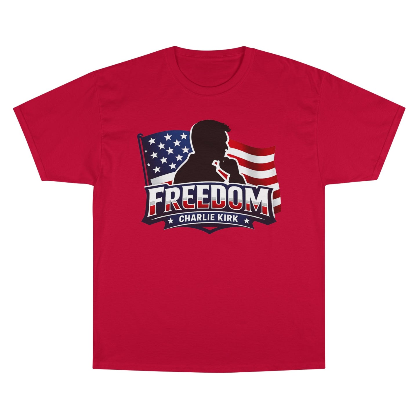 Charlie Kirk FREEDOM Champion Brand T-Shirt — American Flag Tee