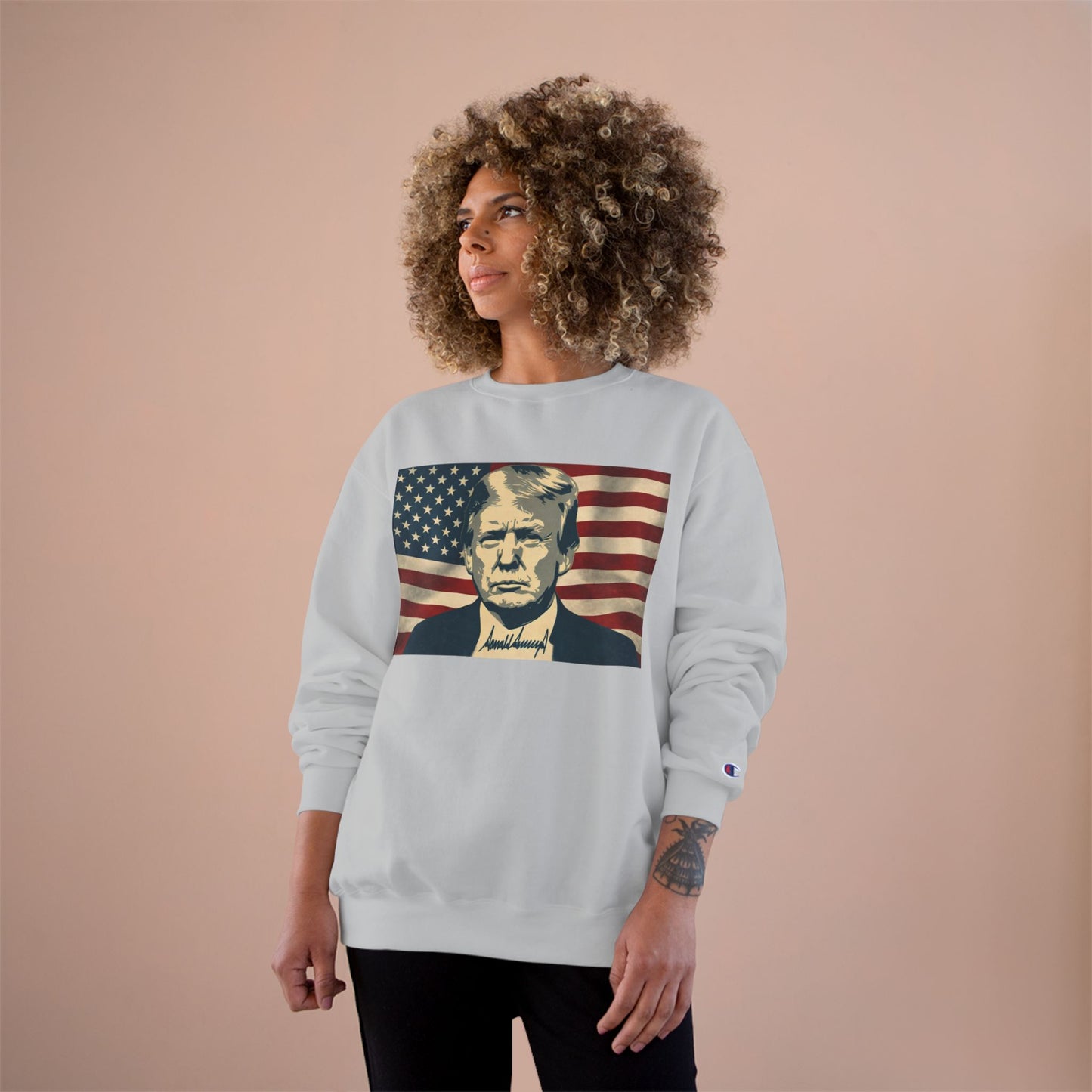 President Trump American Flag Signature Champion Brand Crewneck Sweatshirt